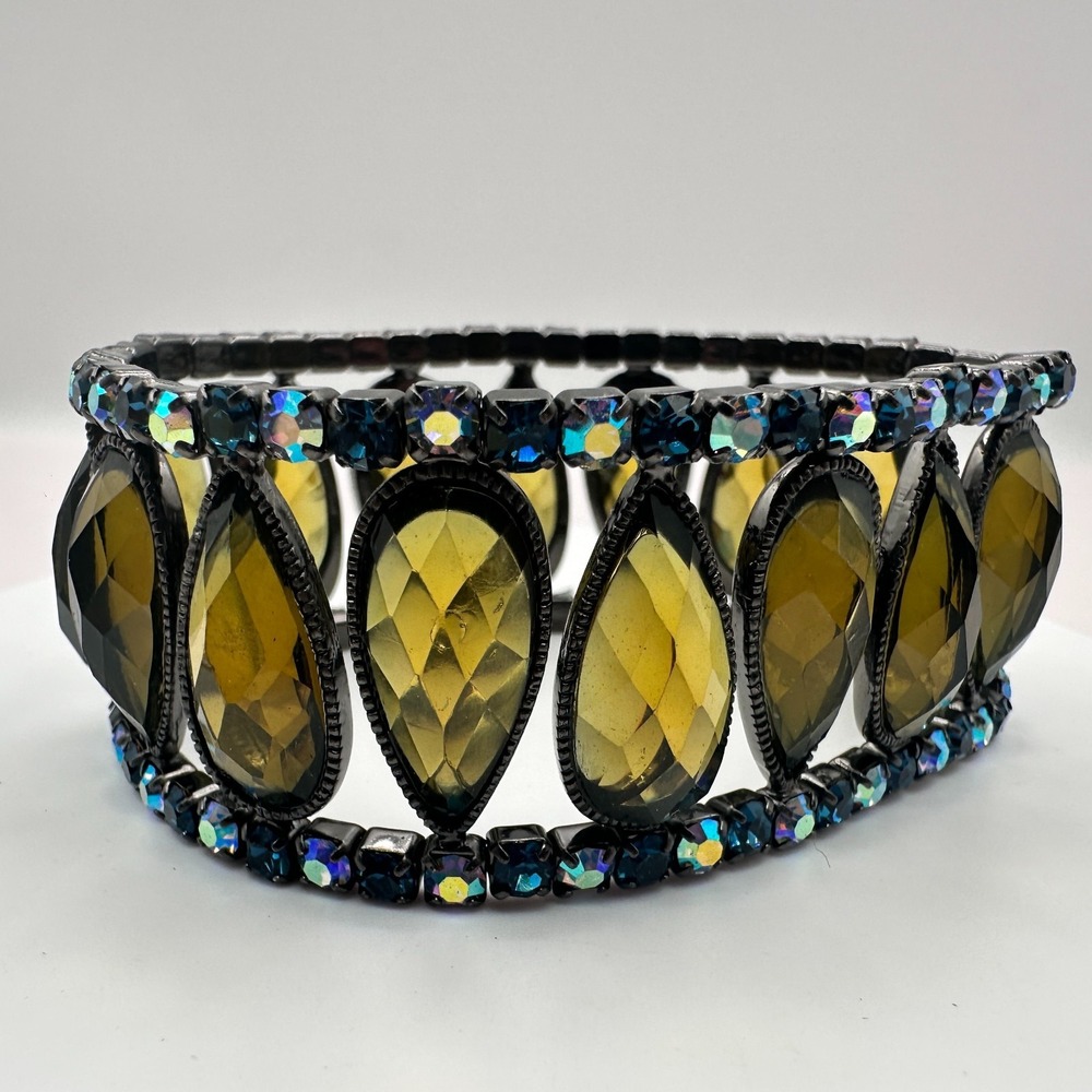 Vintage 90s Smoky Yellow Teardrop Glass Stretch Bracelet Blue AB Boho Jewelry